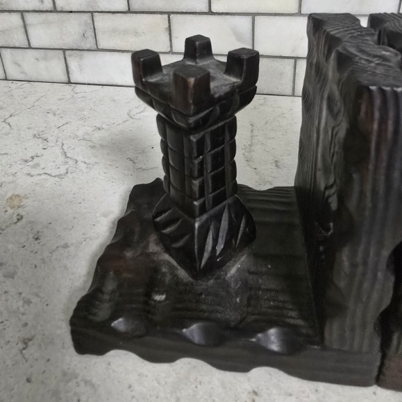 Vintage 70s Spanish Carved Wood Castle Bookends - Picture 8 of 8